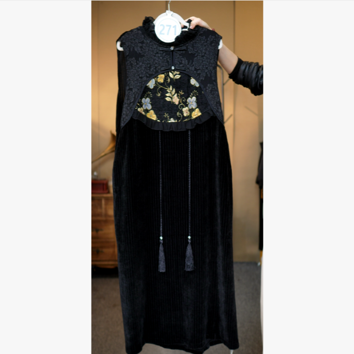 271-新中式圆形花卉盘扣无袖马甲裙