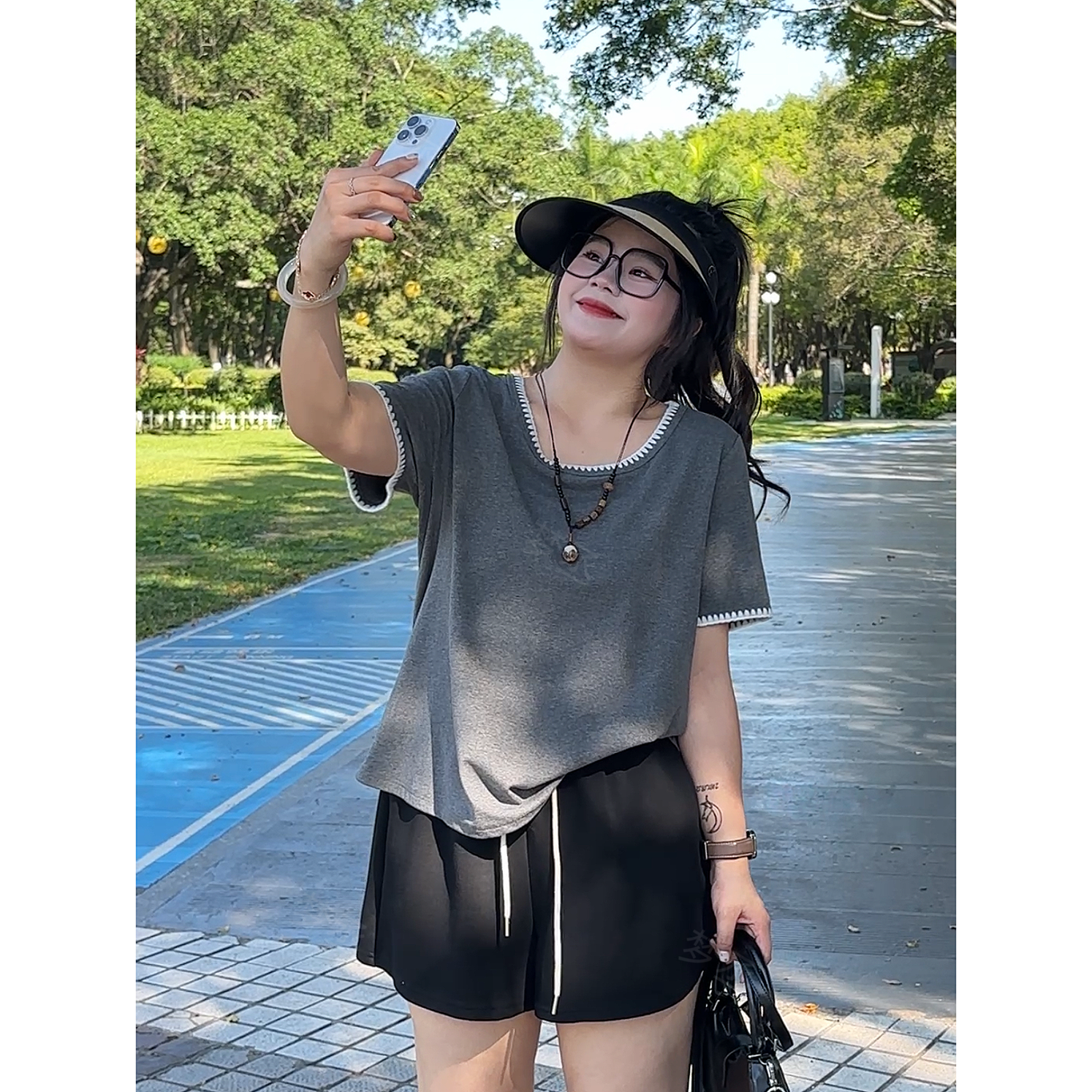 梦丞【松弛刻度】大码女装夏季编织领纯色正肩宽松洋气减龄短袖T恤