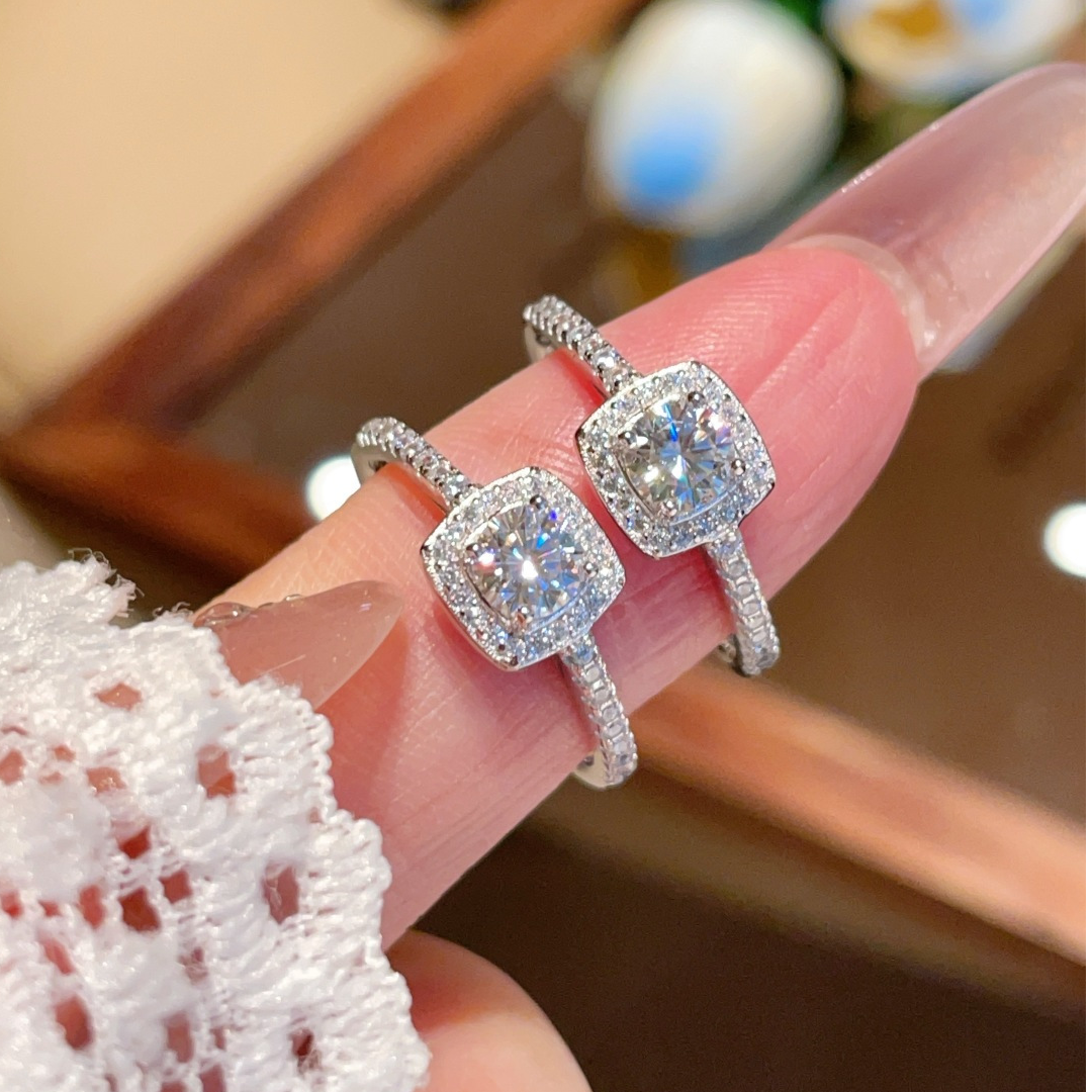 尚云一 925银莫桑石戒指 S925银小方糖戒指时尚