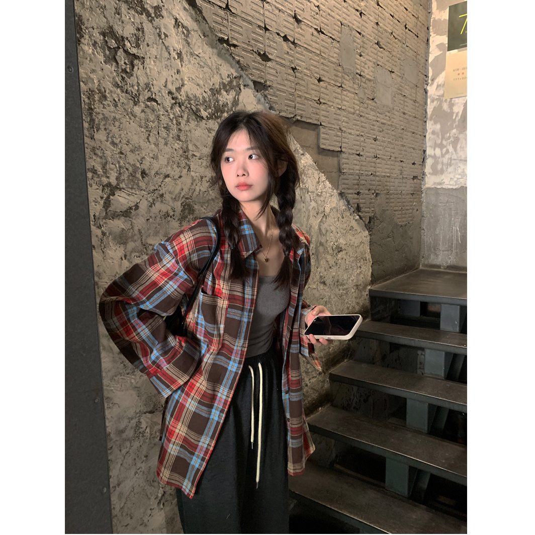秋冬复古红咖色格子磨毛衬衫女装新款宽松休闲中长款叠穿衬衣长袖