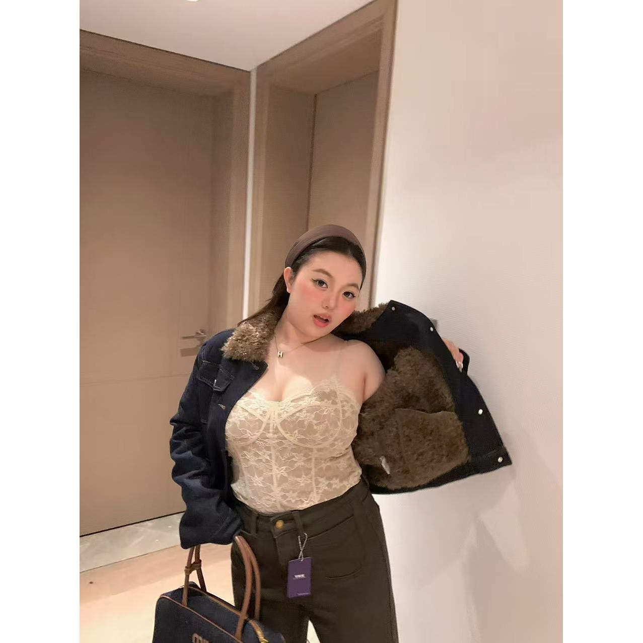 慧芝huizhi 25863翻领外套 定制款 翻毛领加厚微胖显瘦牛仔外套