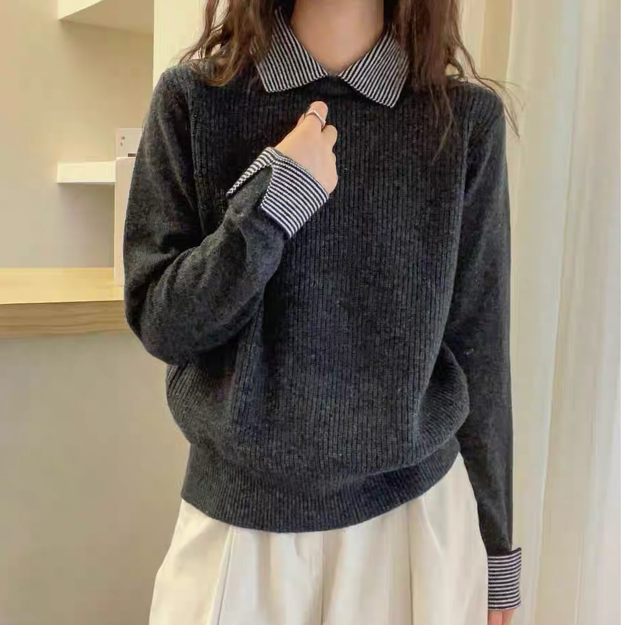 假两件翻领老钱风灰色针织衫女2025秋冬新款条纹拼接减龄时尚毛衣