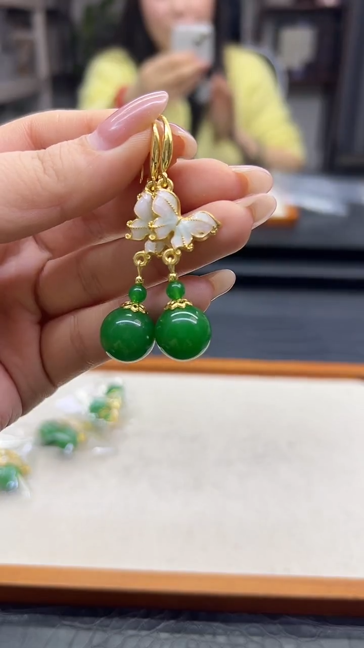 14K金镶嵌翡翠耳饰DIY款E988