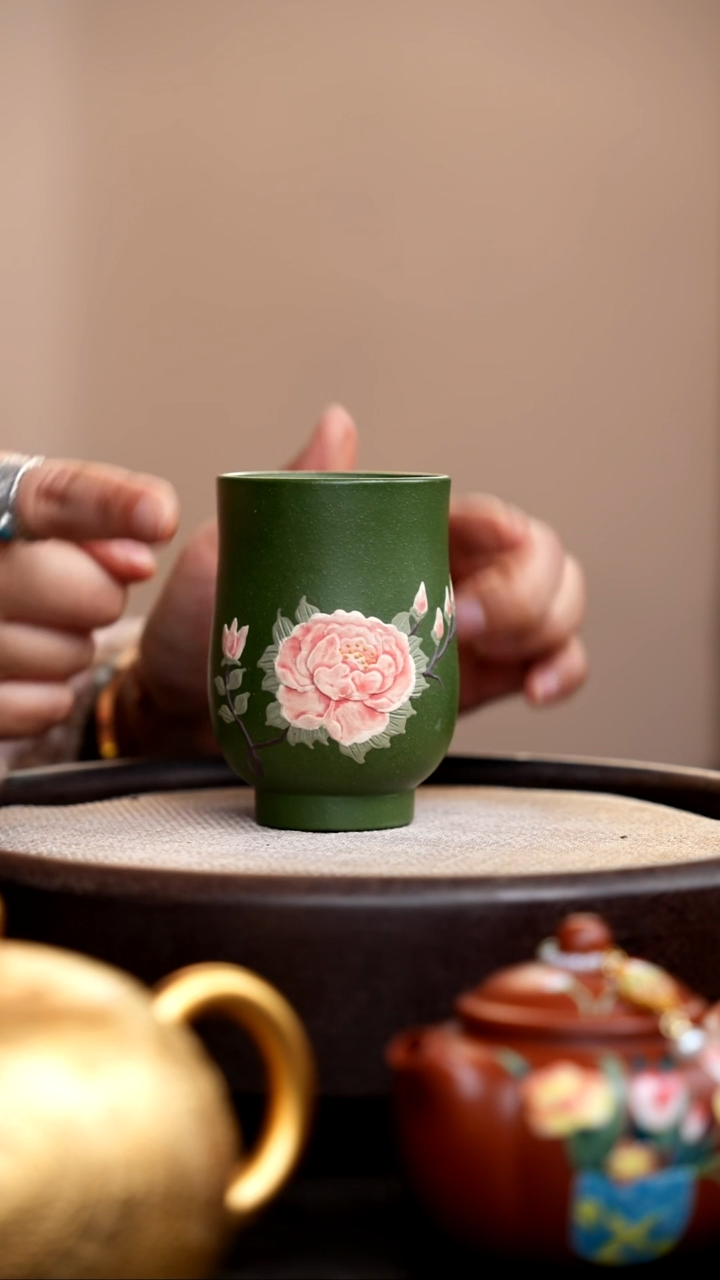茶壶紫砂民国绿收腰杯牡丹