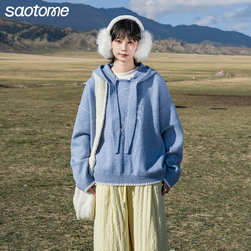 早乙女惠子「huhu.飞鸟」saotome复古飞鸟贝壳绣系带连帽毛衣4998