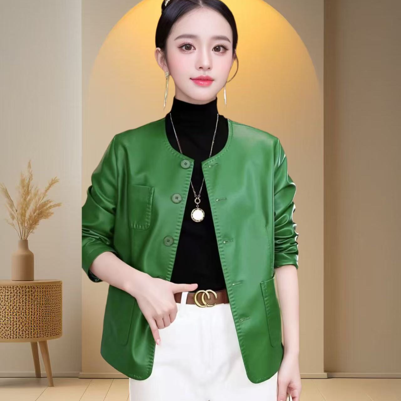 【单里衬】海宁正品2025春秋新款时尚休闲圆领气质皮衣外套女（贡08）