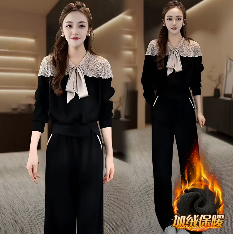 加绒加厚黑色上衣秋冬休闲新款显瘦气质两件套洋气修身女装套装