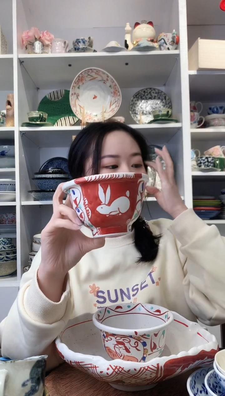 陶瓷濑户烧赤绘兔饭碗13cm