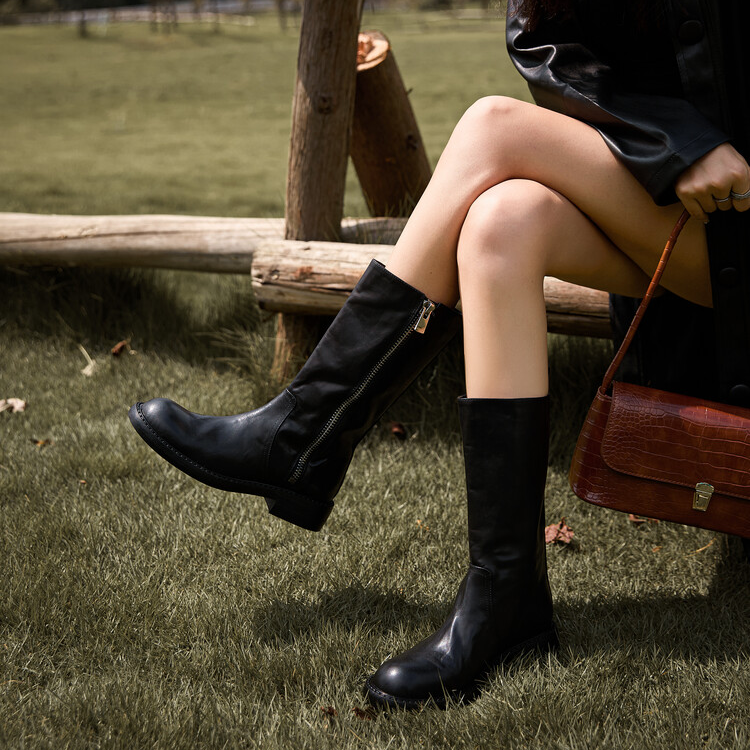 短靴显瘦黑色真皮粗跟厚底中筒时尚秋冬百搭冬季瘦瘦靴