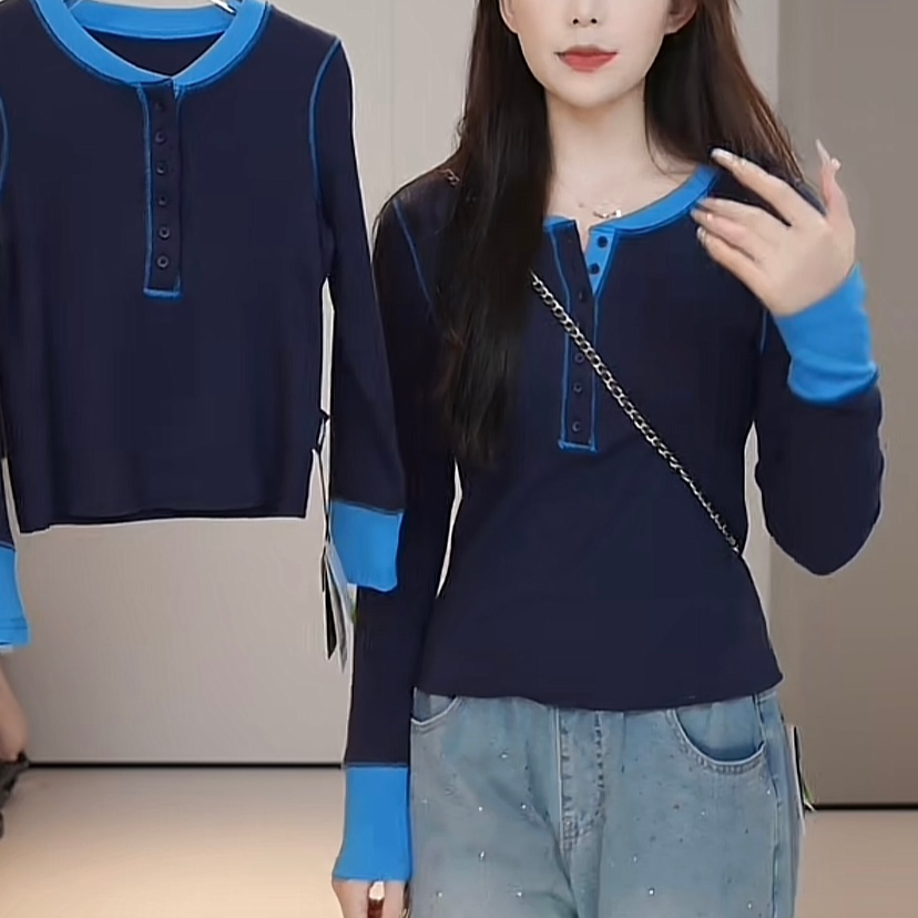 2025亲子撞色拼色大弹力洋气上衣修身儿童圆领T恤透气长袖打底衫 
