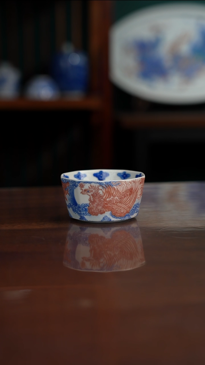 自成堂柴窑 釉里红凤 十方杯