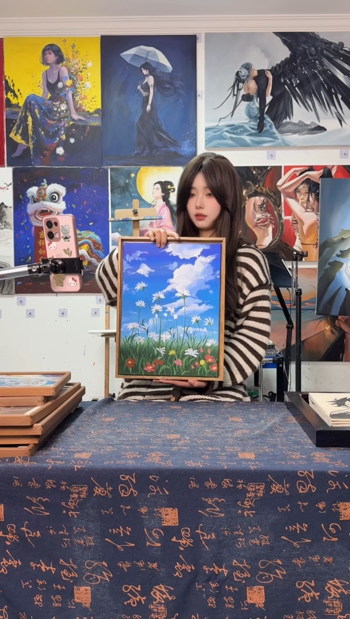 丙烯画ㄇ**冂蓝天小雏菊丙烯画y