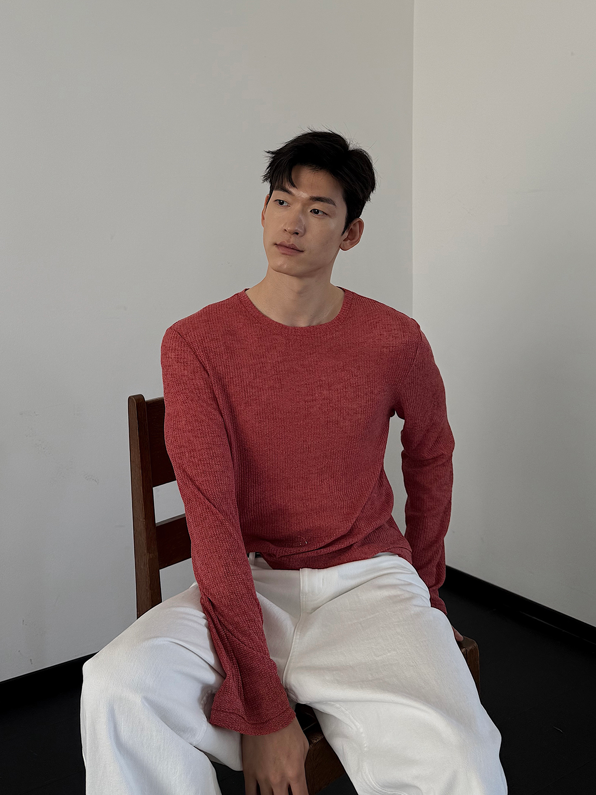 weave 性感多巴胺 暗红色镂空肌理薄宽松圆领长袖罩衫T恤男