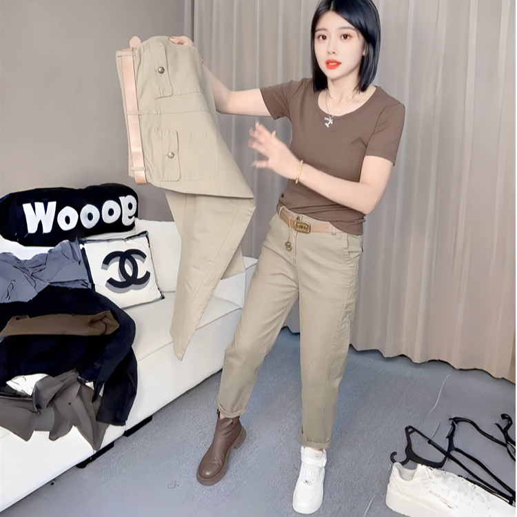 高腰九分直筒裤女2025秋季新款纯色显瘦百搭工装窄版小脚休闲裤
