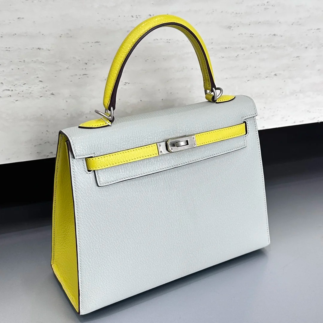 99新 Hermes/爱马仕 小花Jerry外 Kelly25珍珠灰拼色拉丝银扣 U刻