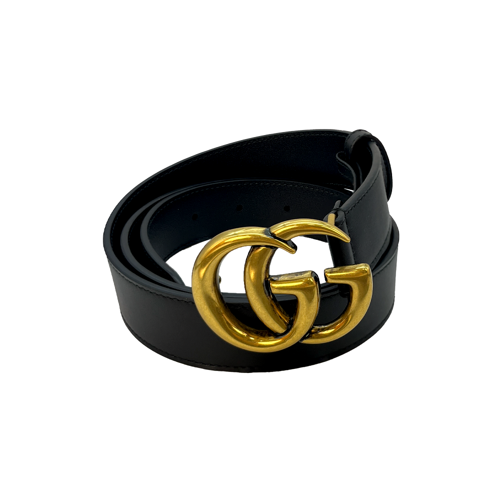 95新 GUCCI/古驰 复古金标黑色光面腰带 3CM宽  时尚百搭经典微瑕