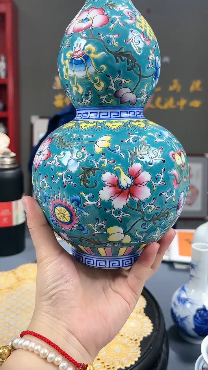 【闪购商品】官窑瓷画院737官窑瓷画院松石绿缠枝葫芦瓶