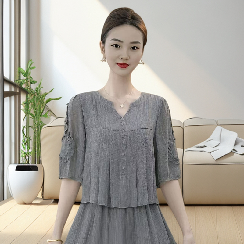 001高端假两件连衣裙女士春季新款洋气妈妈修身显瘦减龄中长裙子