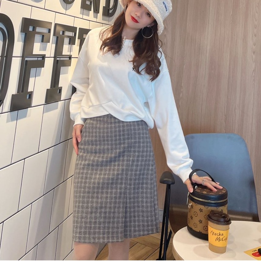 J5590 新款毛呢格子裙显高腰中长款包臀裙连衣裙  裙长56cm  