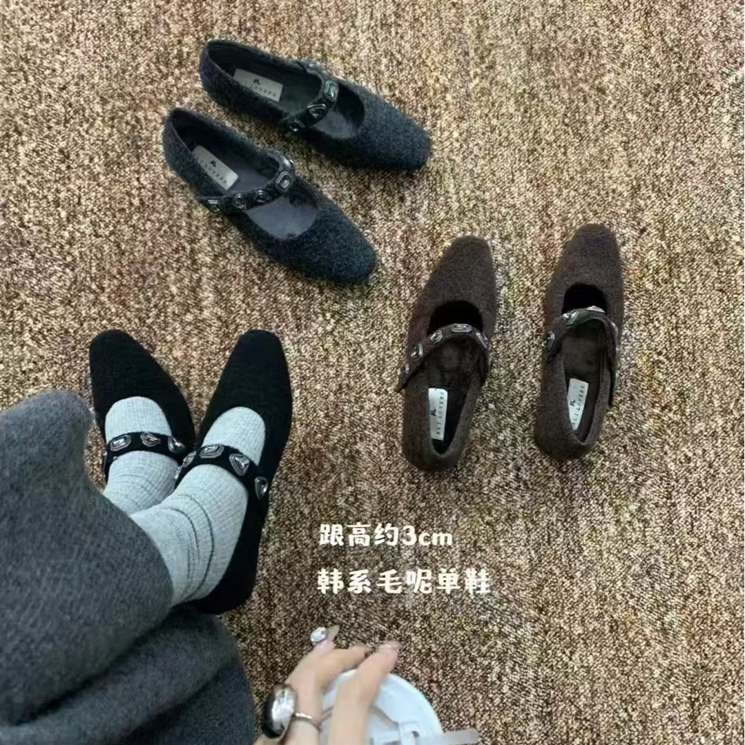 气质小方头爱心韩系水钻带浅口玛丽珍单鞋女灰色毛毛鞋加绒配裙子