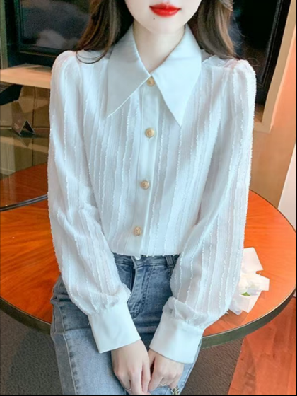 038时尚长袖尖领白色雪纺衬衫简约百搭上衣衬衣