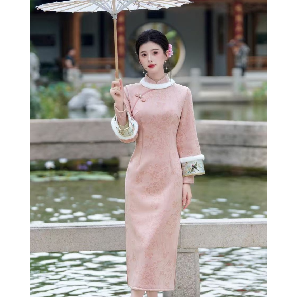 苏故里【雀舞花间】文艺港风复古高端日常旗袍奢华气质双层衣长120