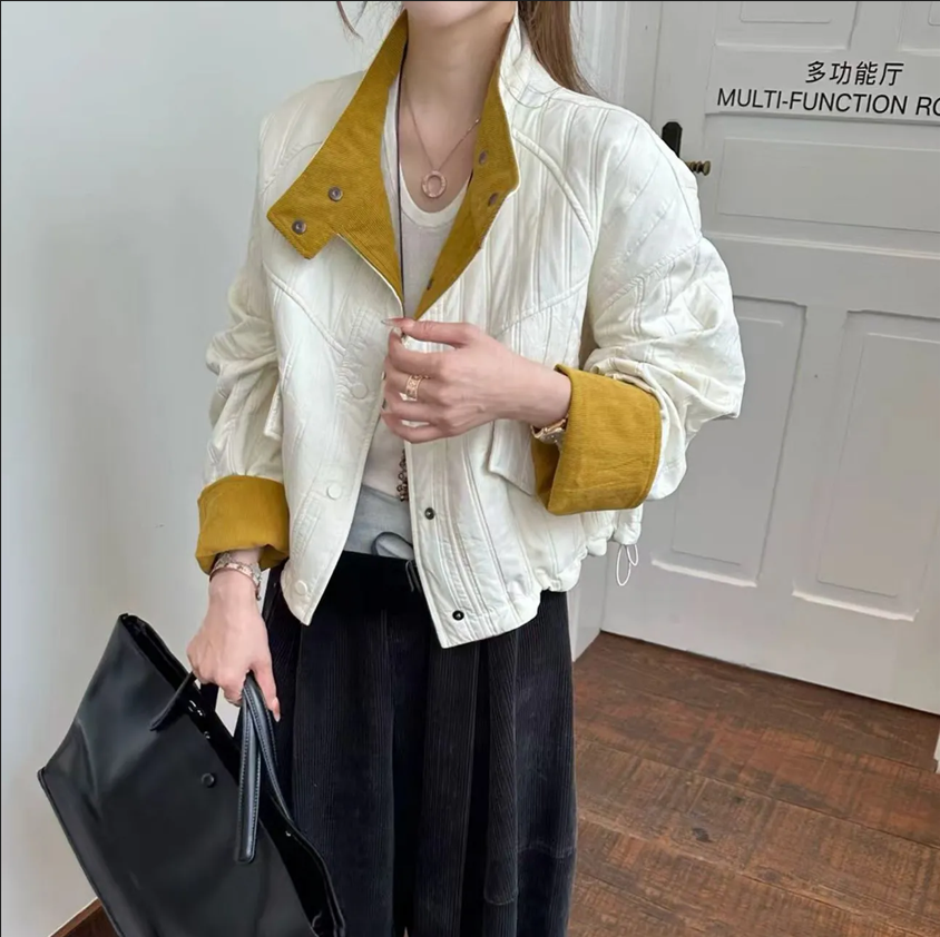设计感拼色立领短款外套棉衣女小个子2025新款秋冬百搭轻薄棉服