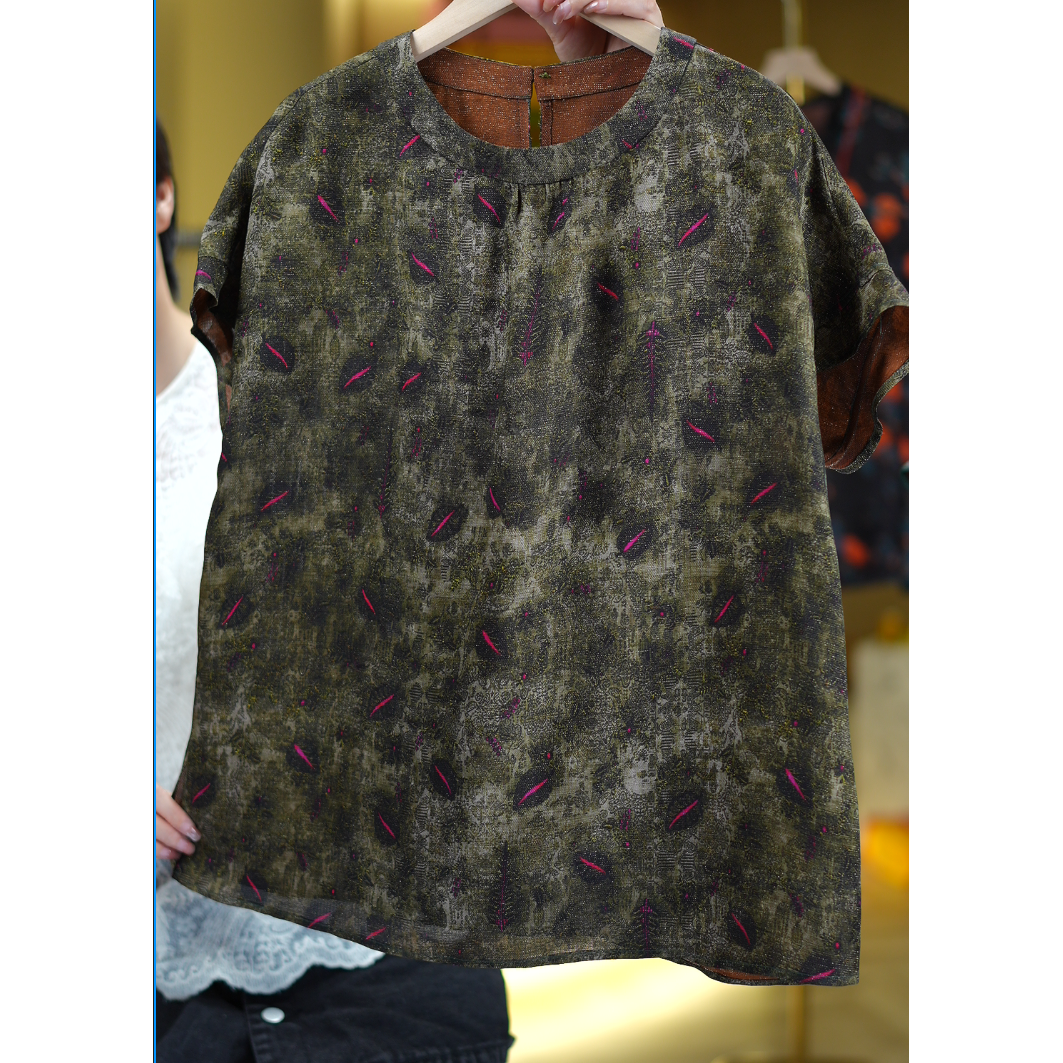 苔绿粉羽<<非遗美学>>1373夏季新款复古印花时尚上衣