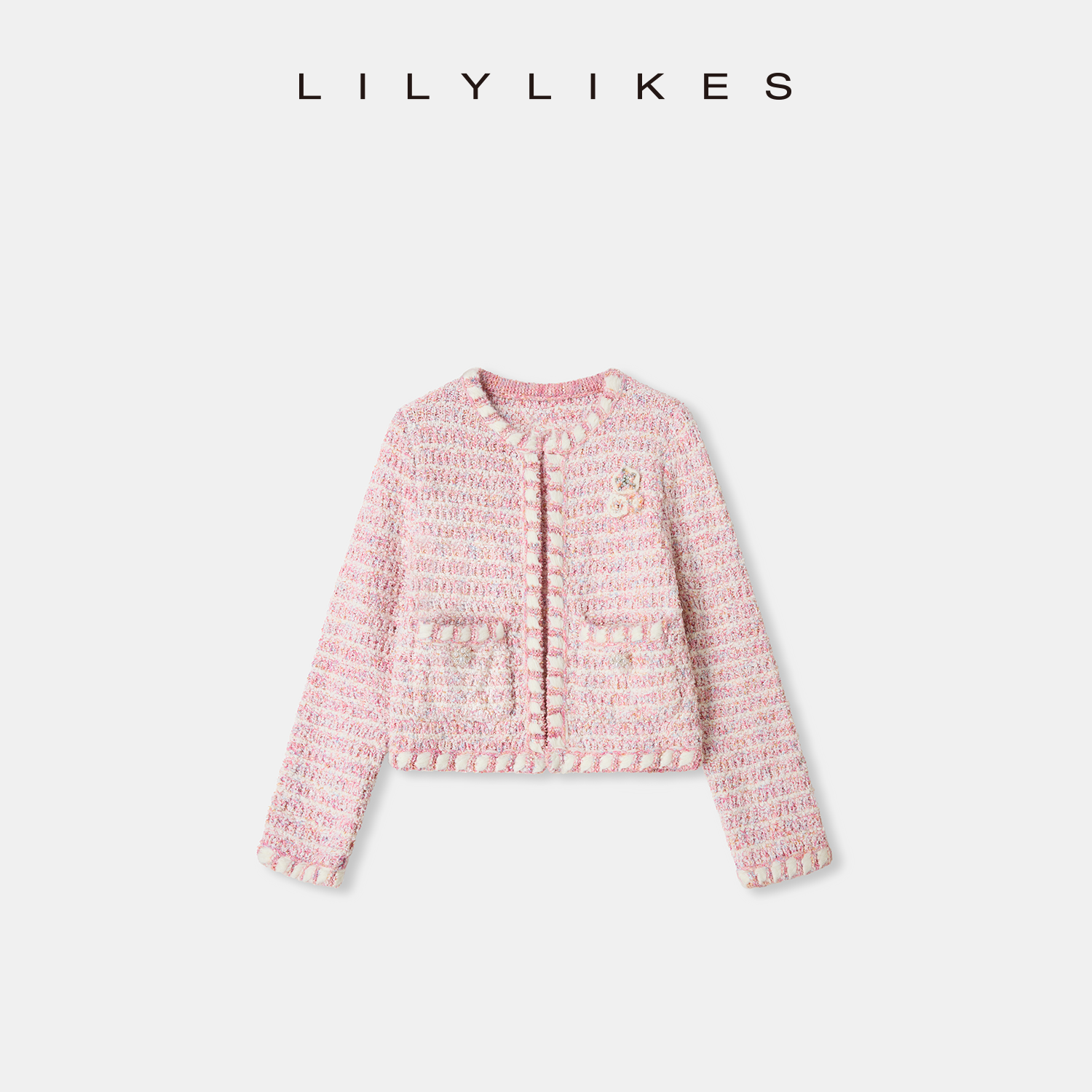 【LILYLIKES】粉色小香风花朵钉钻针织开衫短外套