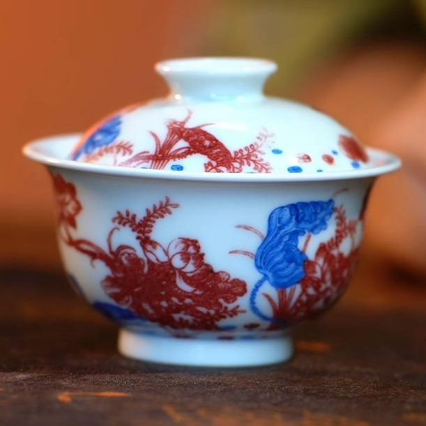 【宣乐沐谷】青花釉里红荷花鸳鸯盖碗