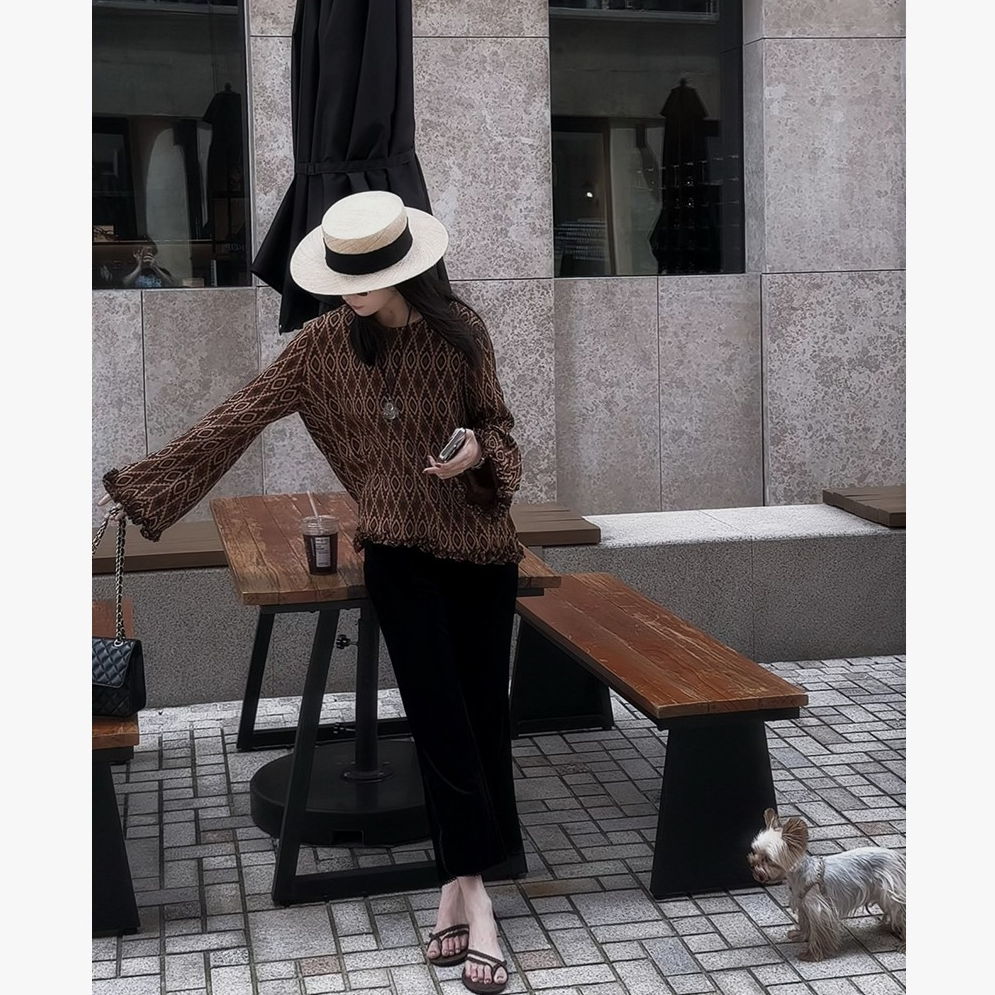 MYRA“钟情”定制100人丝香云纱菱格纹木耳边长袖上衣XMSC025367