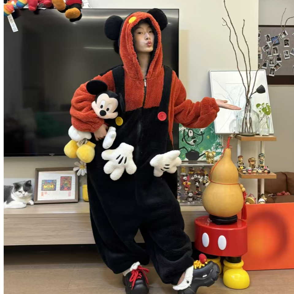 卡通米奇珊瑚绒连体睡衣睡袍男女款冬季加绒加厚一体式情侣家居服