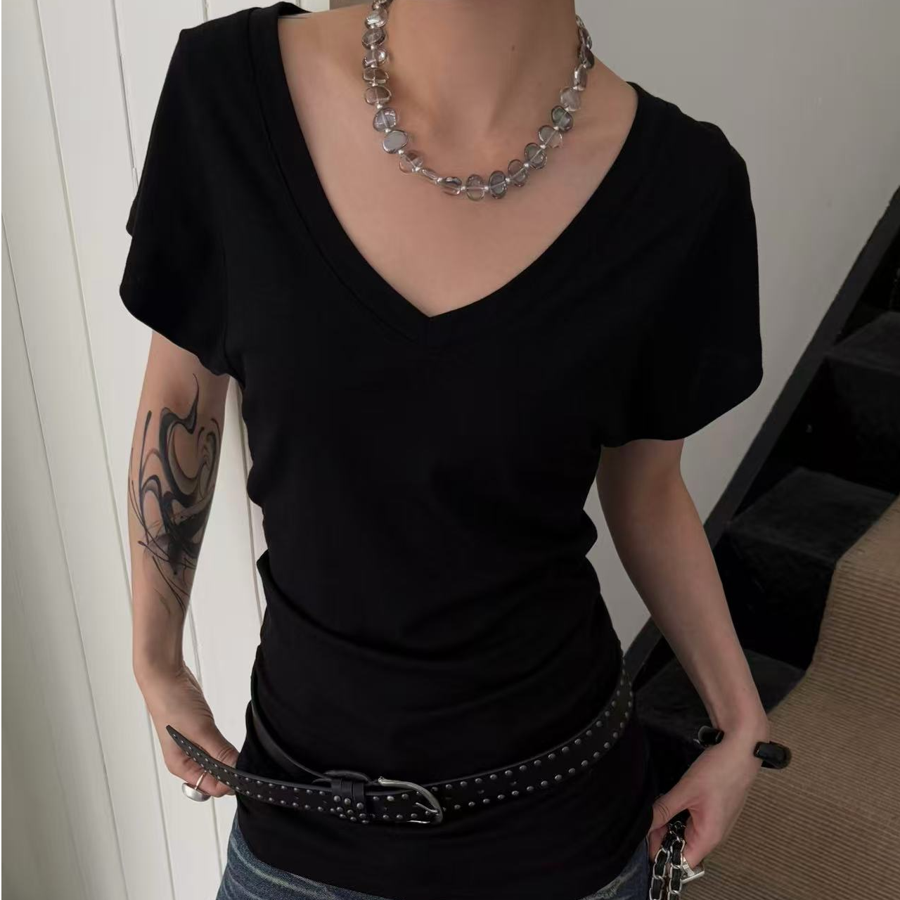 HELLOTANGO《纯欲选手》春夏辣妹纯欲修身显瘦v领T恤65055#