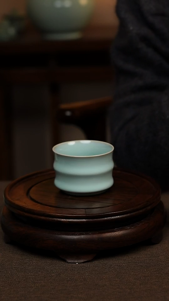 瓷片天青色全手工竹节杯100ml微瑕不带礼盒