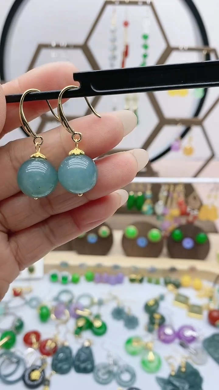 银S925镶嵌石英质玉（天山翠）耳饰59