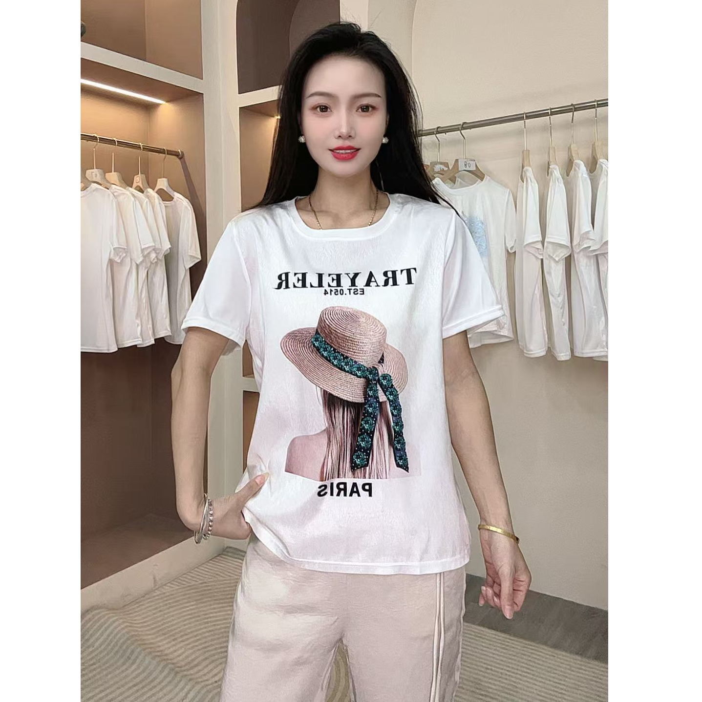 设计感拼接印花有弹力轻职风夏装短袖减龄T恤显瘦休闲百搭宽松型