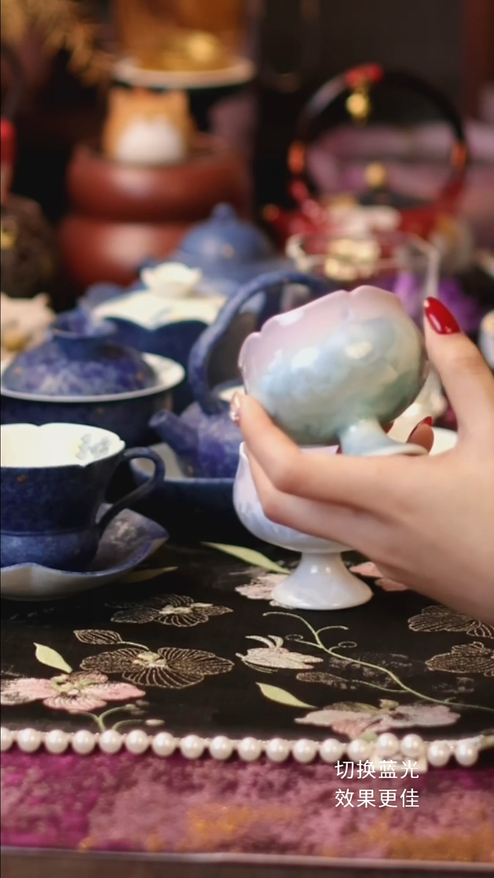 结晶釉紫青高足花苞杯福利款