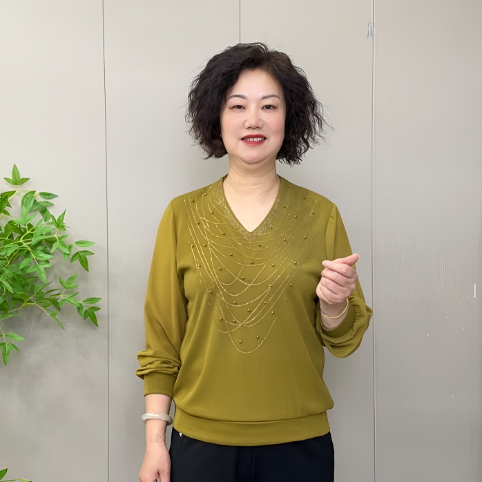 2025早秋新款时尚宽松遮肚显瘦减龄V领钉珠休闲百搭长袖女士小衫