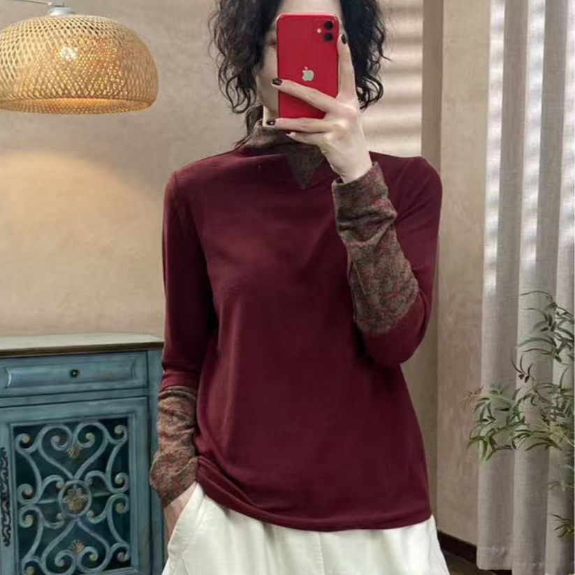 喜卓8069长袖冬季复古风打底衫拼接半高领百搭打底衫