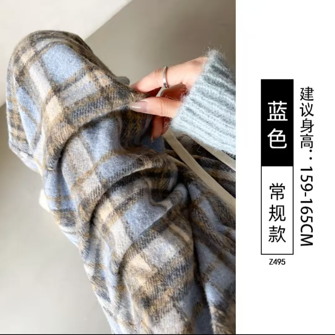 A加绒毛呢格子裤女2025秋冬复古格纹垂感直筒显瘦休闲阔腿裤