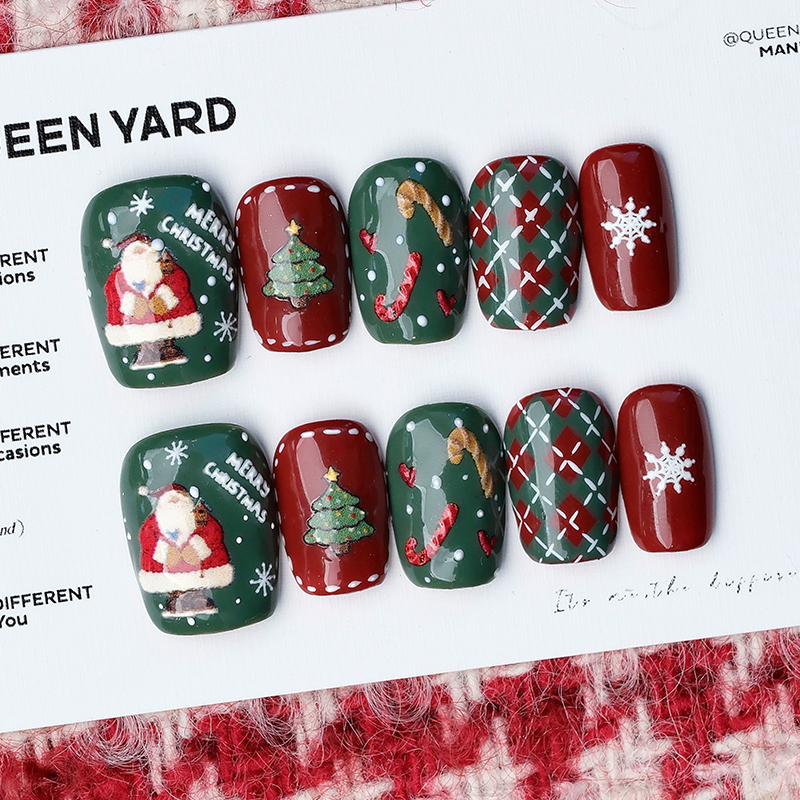 QUEENYARD【一棵松】圣诞立体手绘圣诞树格纹2025款春季定制甲片