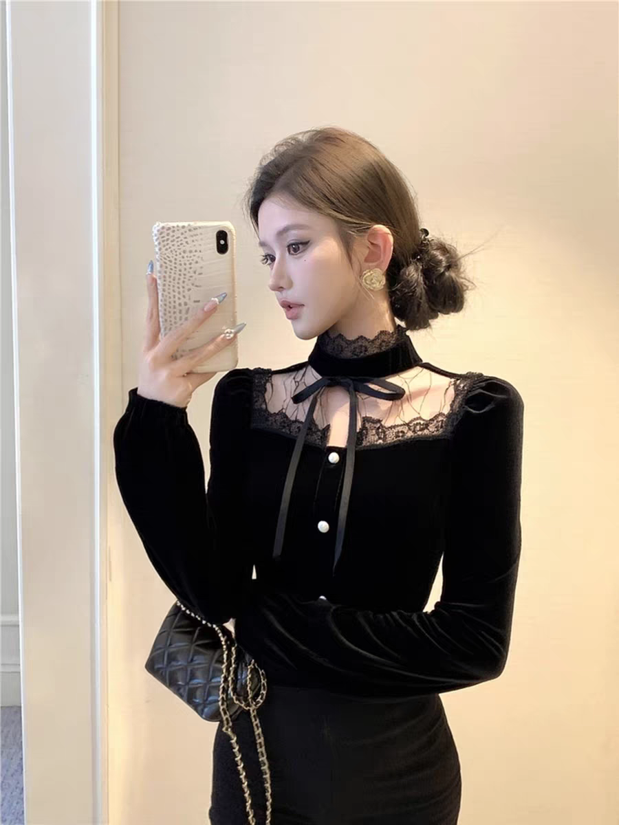法式名媛蕾丝拼接镂空系带丝绒衬衫女装2025秋冬新款内搭气质上衣