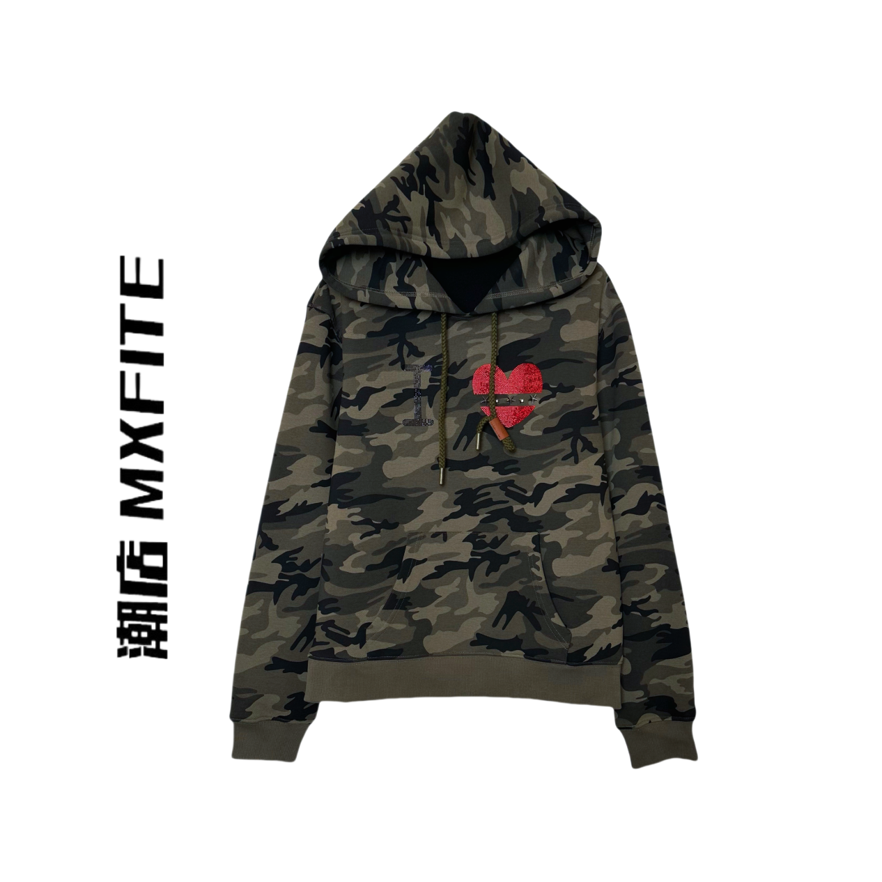 MXFITE潮店秋冬新款个性烫钻印花迷彩连帽休闲长袖卫衣（LF28198）