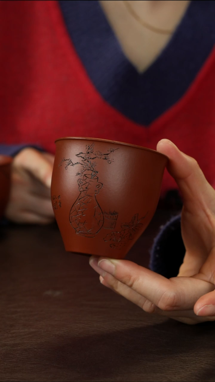 茶杯紫砂小煤窑朱泥 花神杯 梅花