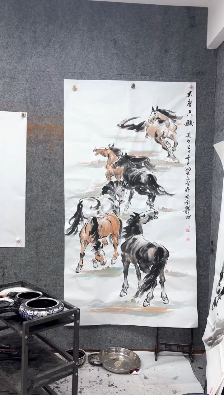 国画大唐六骏  180x95cm 带收藏证书