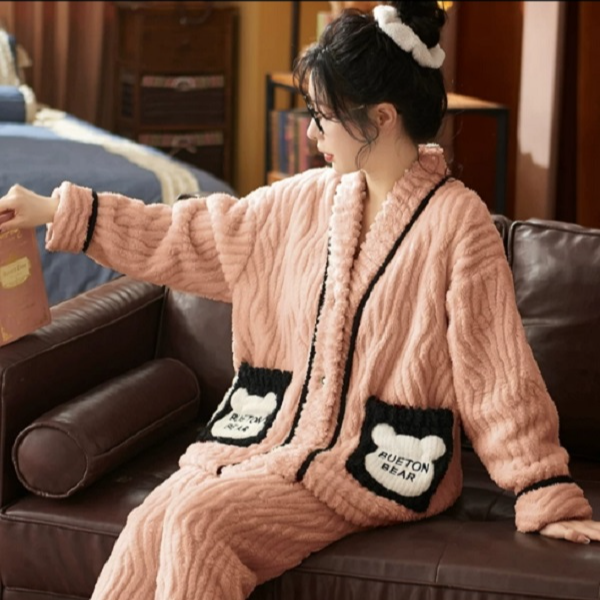 女士秋冬新款保暖可外穿舒棉绒睡衣套装