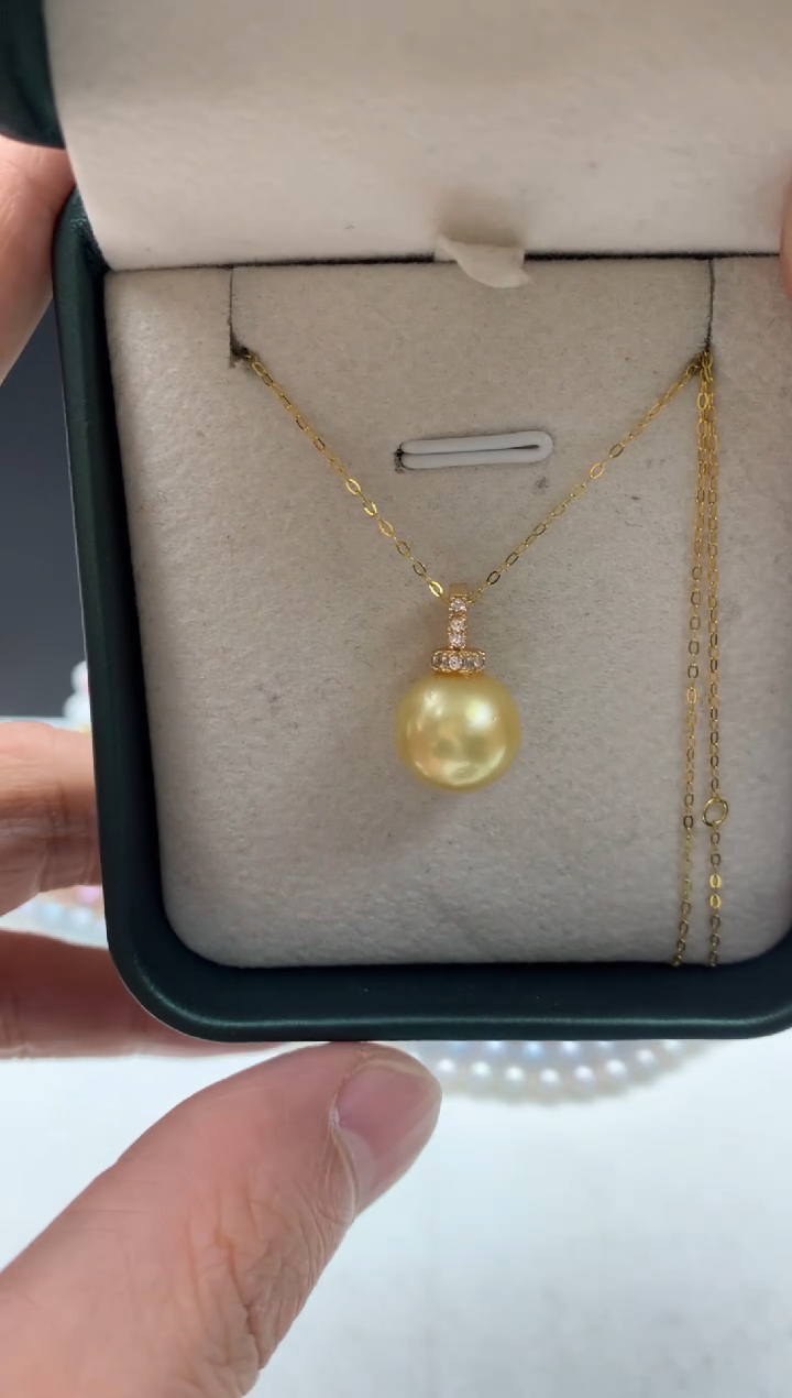 银S925镀金镶嵌ff海水珍珠金珠吊坠(赠链）11~12mm