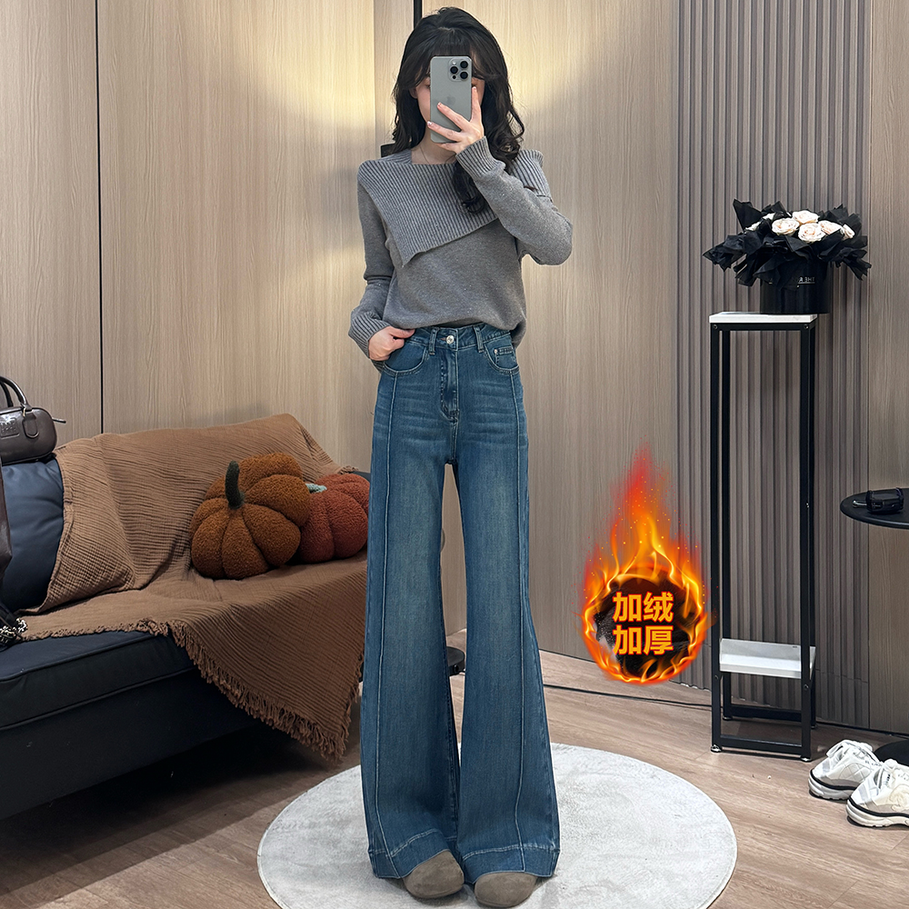欧美风加绒加厚蓝色复古牛仔裤女2025新款秋冬高腰微喇裤子6051