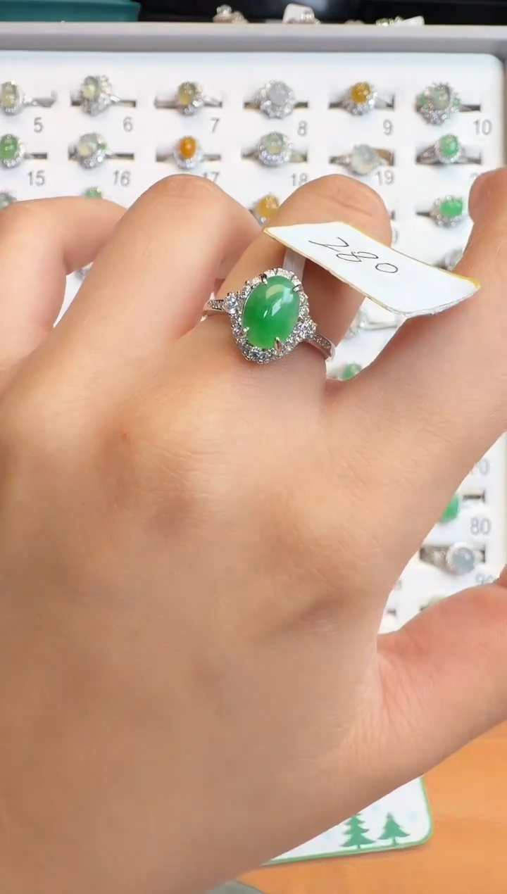 银S925镶嵌戒指翡翠通体925银镶缅甸A货翡翠戒指