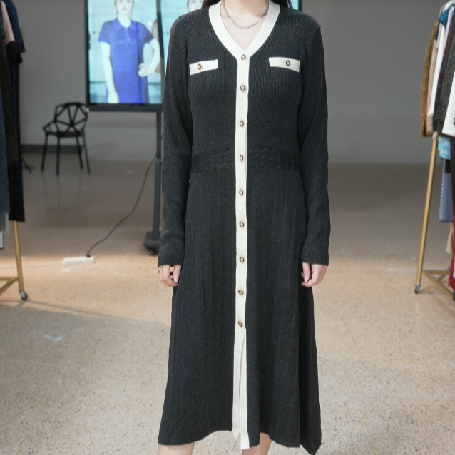 ZHENTISIMAN/LA5025 /意大利小香风V领连衣裙水晶纱女士百搭轻奢